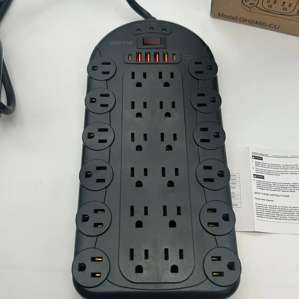 DEPOW Power Strip, 24 AC Outlets 1875W/15A with 6 USBs 2 USB-C Ports, ETL Listed